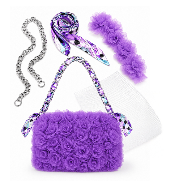 Kit Pochette nastro organza con manico catena e fazzoletto in seta